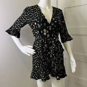 NWOT Topshop Petite 2 Black Wrap Floral Print Frill Ruffle Mini A-Line Dress